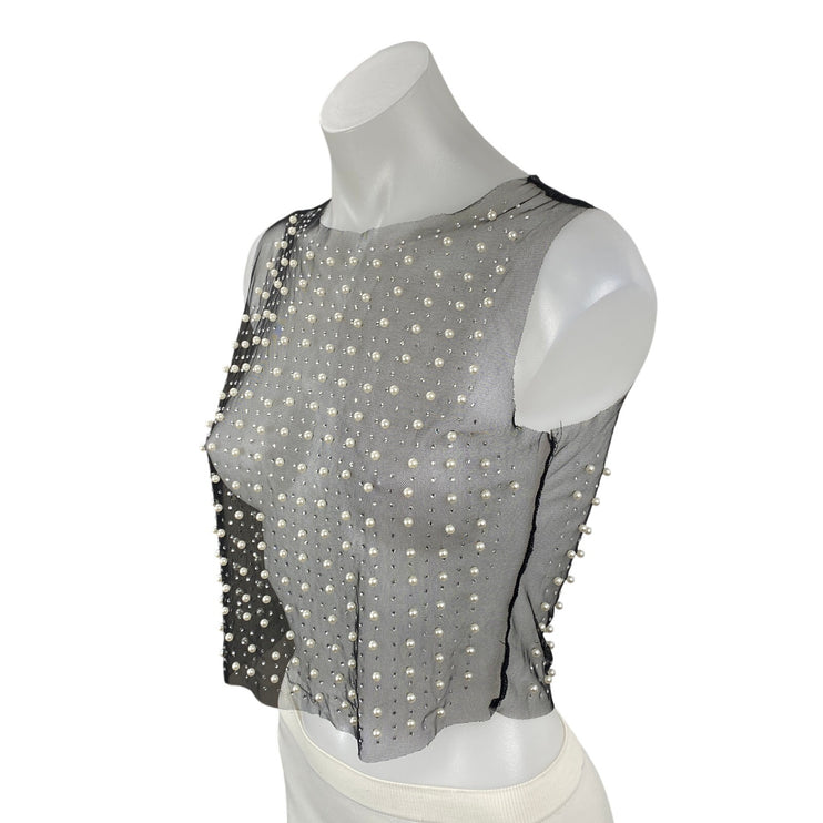 Women's Black Mesh Sheer Beaded Rhinestone Pearl Cami Tank Crop Top Size S