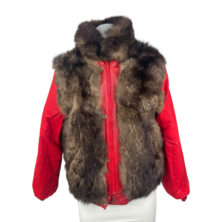 Red Reversible Vintage Genuine Leather Real Authentic Fur Bomber Coat Jacket L