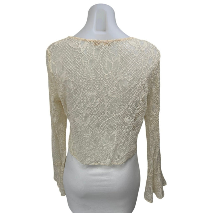 WAYF Cream White Lace Floral Long Bell Sleeve Tie Front V-neck Crop Blouse Top M