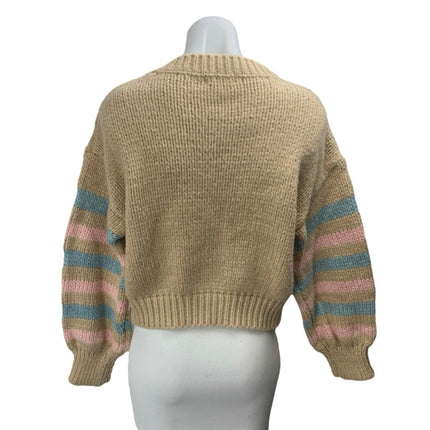 Lush Tan Multicolor Striped Cable Knit Button Up Cardigan Sweater Top Size M