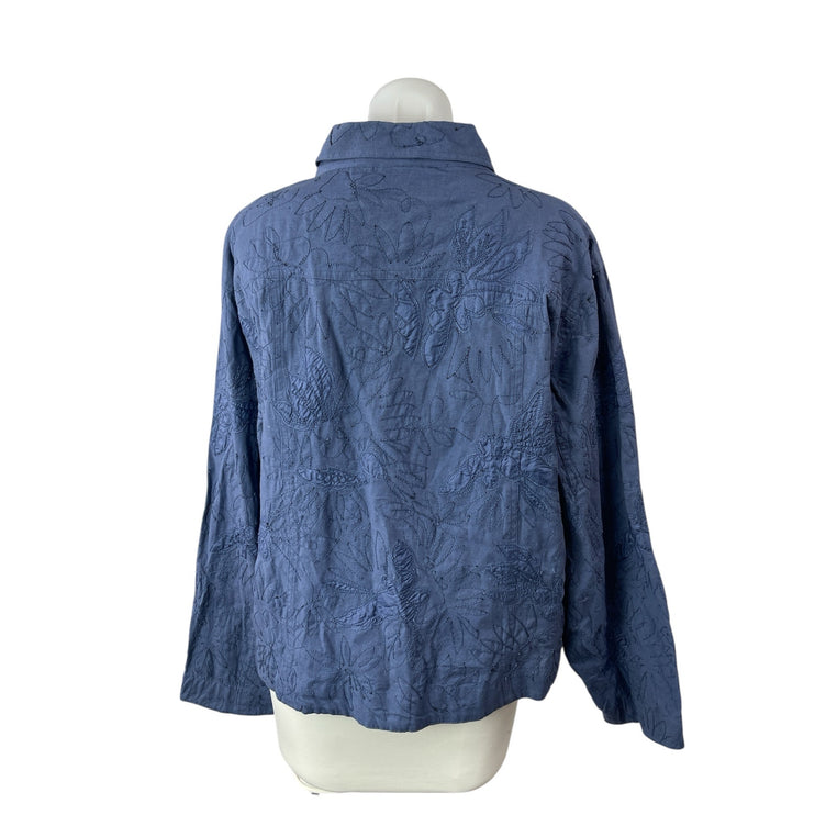 Chico's Women's Blue Linen Floral Long Sleeve Chambray Button Down Shirt Top 3