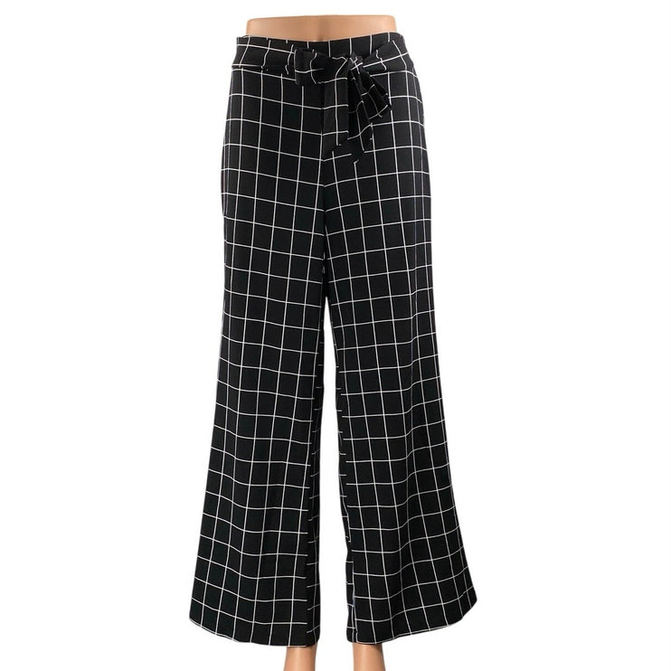 Mine Black Windowpane High Rise Drawstring Wide Leg Trousers Dress Pants Size S