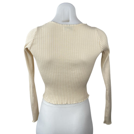 Topshop Women's Cream Ribbed Knit Lettuce Long Sleeve Button Up Crop Top Size 4