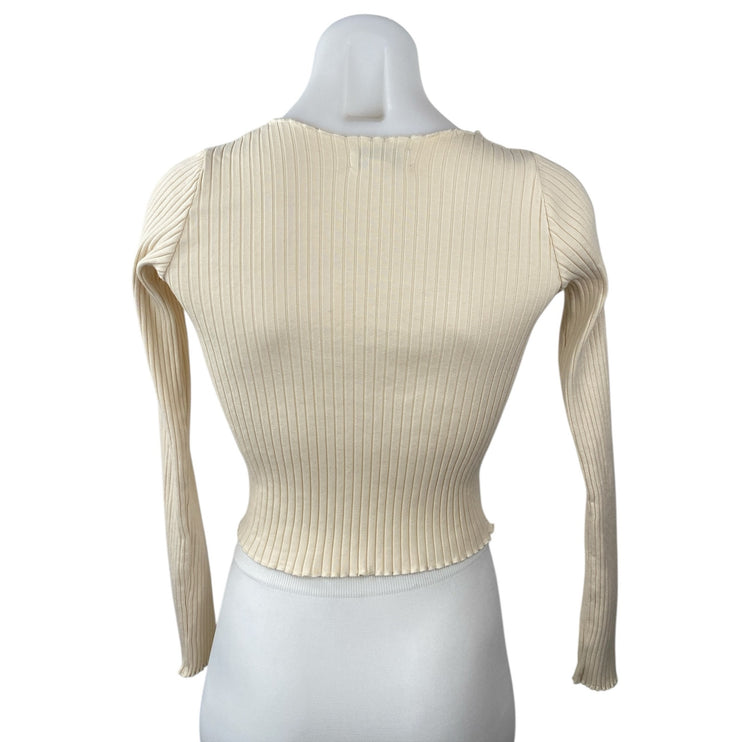 Topshop Women's Cream Ribbed Knit Lettuce Long Sleeve Button Up Crop Top Size 4
