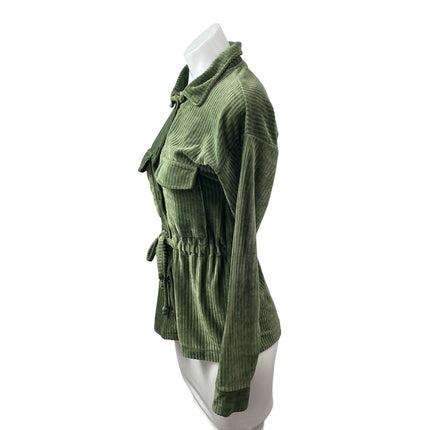 Love Women's Green Corduory Long Sleeve Tie Waist Utility Button Up Jacket Sz S