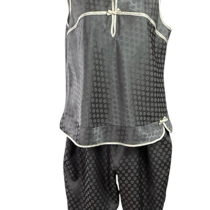 Robert Louis Gray Black Silk Satin Floral Bow Sleeveless Sleepwear Pajamas Set L