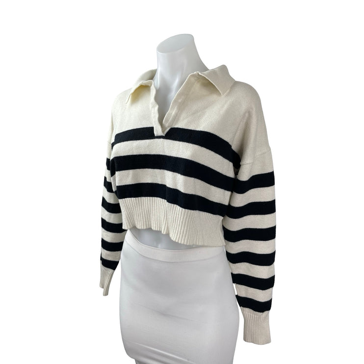 Isalis Women's Ivory Black Striped Long Sleeve Polo Cropped Sweater Top Size S