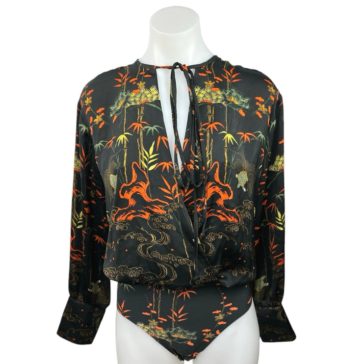 Zara Women's Black Tropical Print Tie Neck V Neck Long Sleeve Bodysuit Top Sz M