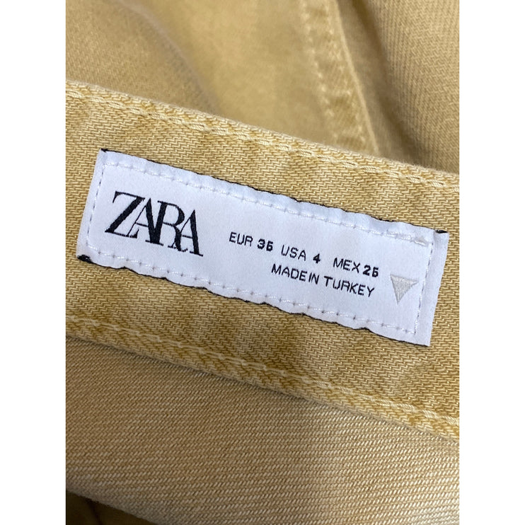 Zara Women's Khaki Tan Beige High Waisted Cuffed Straight Leg Denim Jeans Size 4