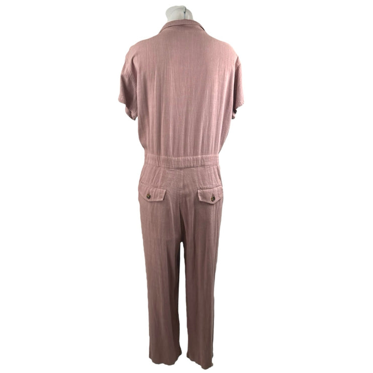 Free People Margot Pink Linen Short Sleeve Button Straight Leg Romper Jumpsuit M