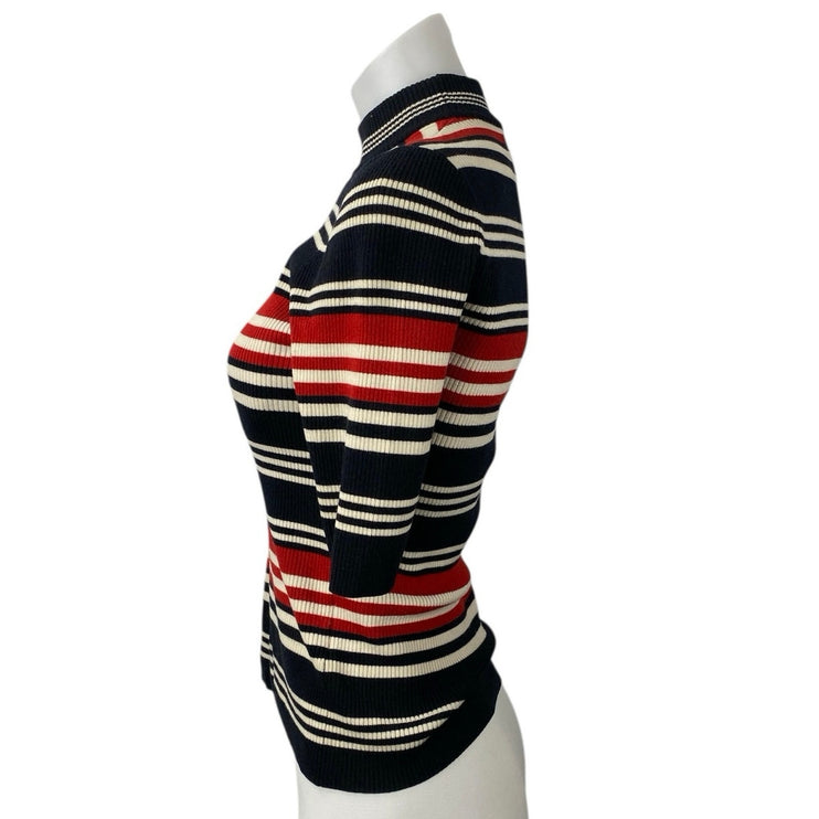 Nicholas Multicolor Wool Striped Rib Knit Mock Neck Short Sleeve Sweater Top M