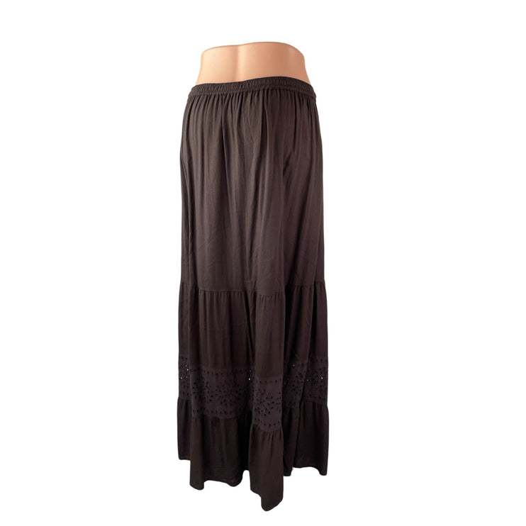Bass Women's Brown Floral Eyelet Tiered Ruffled Flowy Boho Maxi A-Line Skirt M