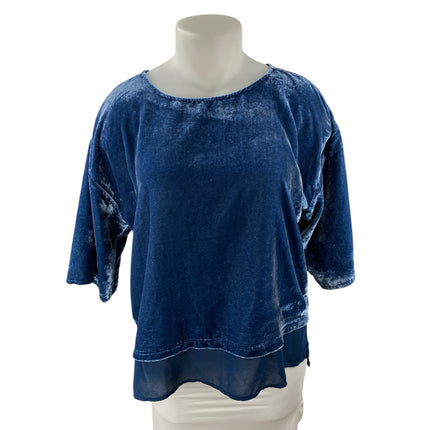 Soft Surroundings Gisella Blue Velvet Velour Crew Neck 3/4 Sleeve Blouse Top XL