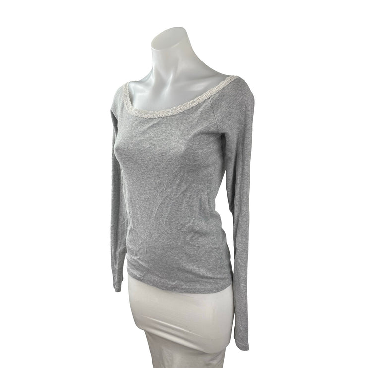 Brandy Melville Women's Gray Floral Lace Trim Knit Long Sleeve Blouse Top Size S