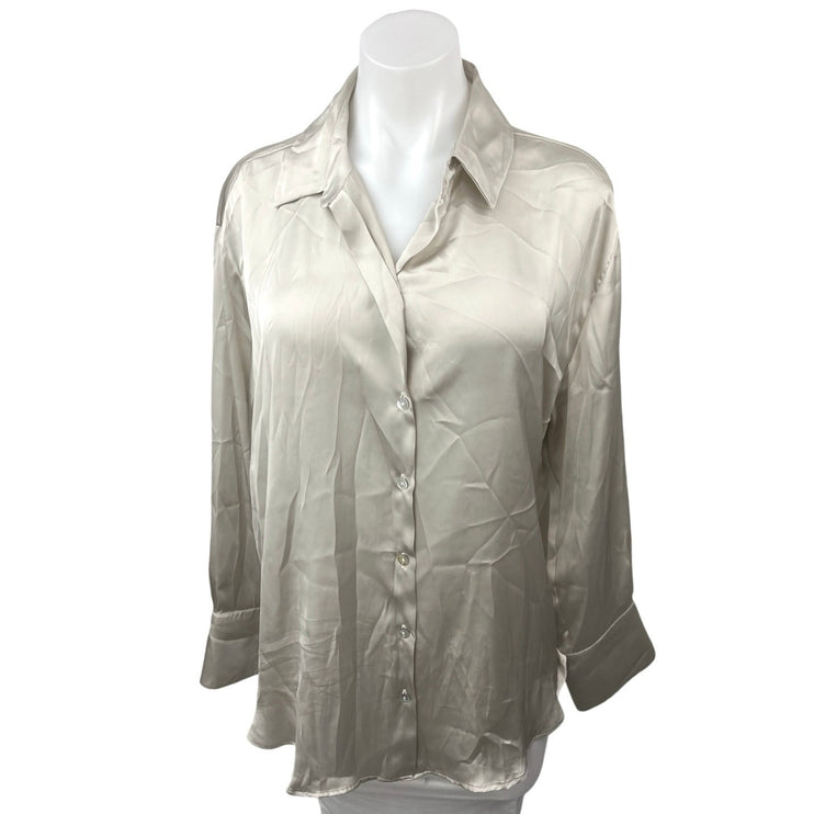 Zara Cream White Silk Satin Button Down Collar Long Sleeve Shirt Blouse Top XL