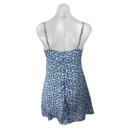 Lulus Blue Floral Shirred Sleeveless Tie Scoop Cami Camisole Mini Slip Dress S