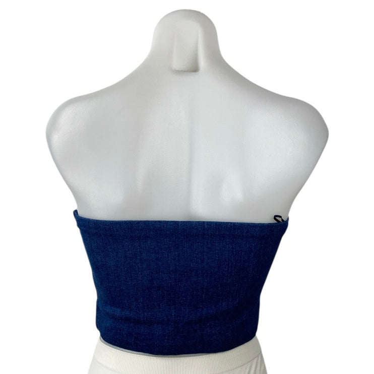 Line and Dot Joey Blue  Denim Ruched Strapless V-neck Crop Bandeau Tube Top Sz S
