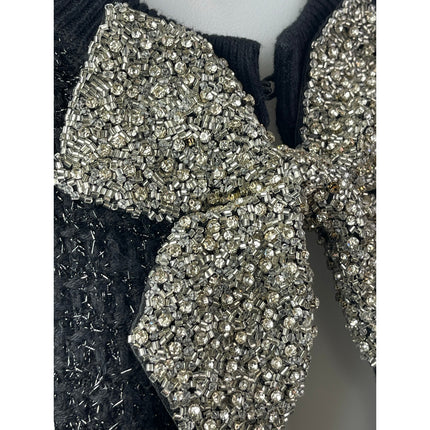 Alice + Olivia Akira Black Silver Beaded Bow 3/4 Sleeve Cardigan Sweater Top M