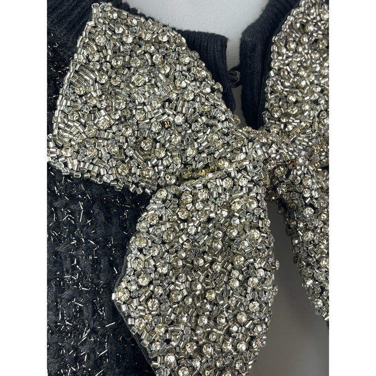 Alice + Olivia Akira Black Silver Beaded Bow 3/4 Sleeve Cardigan Sweater Top M