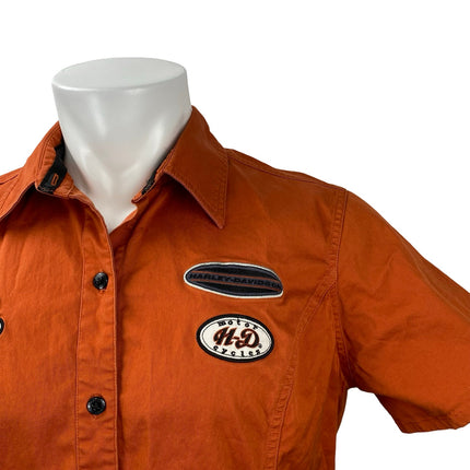Harley Davidson Orange Embroidered Short Sleeve Button Down Work Shirt Top Sz XL
