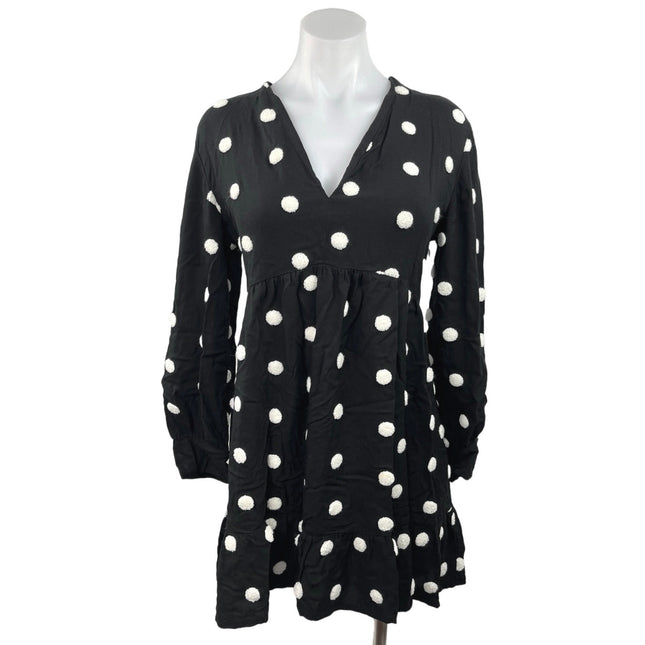 Zara Women's Black White Polka Dot V-Neck Long Sleeve A-Line Mini Dres Brie Zara Women's Black White Polka Dot V-Neck Long Sleeve A-Line Mini Dres Brie
