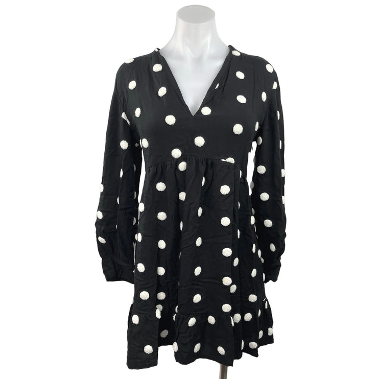 Zara Women's Black White Polka Dot V-Neck Long Sleeve A-Line Mini Dress Size L