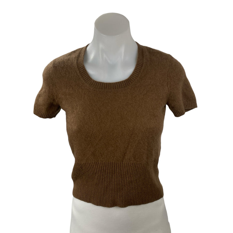 Naadam Women's Brown Cashmere Short Sleeve Scoop Neck Sweater Baby Tee Top Sz S