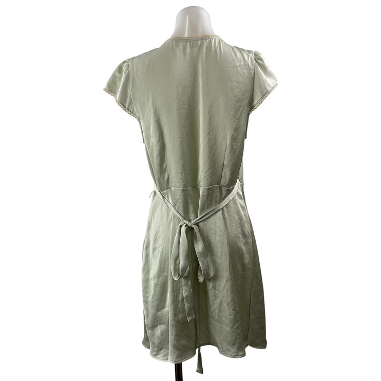 Aritzia Wilfred Mademoiselle Sage Green Satin Short Cap Sleeve Wrap Mini Dress L