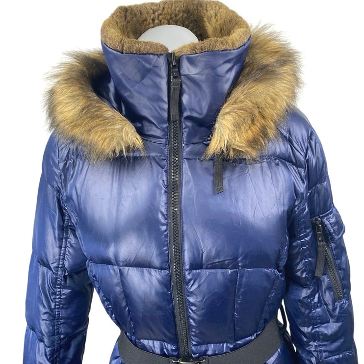 S13 NYC Womens Blue Faux Fur Hooded Full Zip Belted Quilted Puffer Coat Jacket S