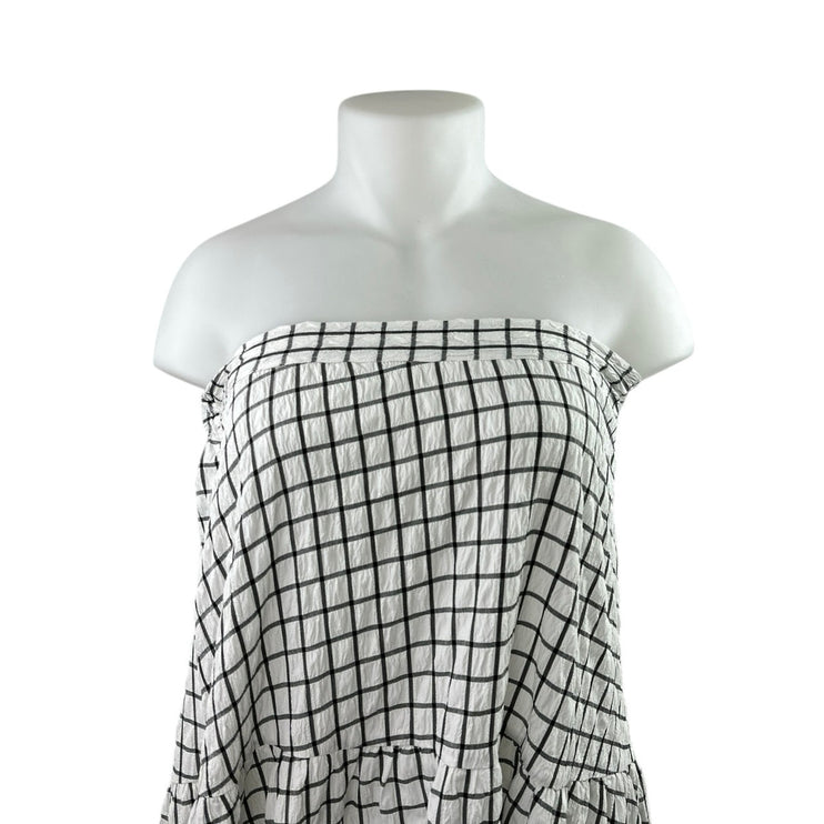 Monki White Grid Checkered Plaid Strapless Sleeveless Midi Tube Tank Dress Sz XL