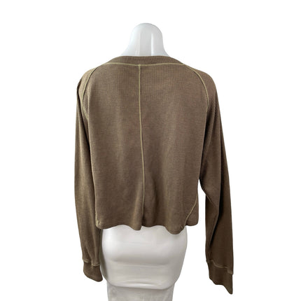 Free People Early Night Contrast Stitch Cropped Henley Waffle Knit Thermal Top L