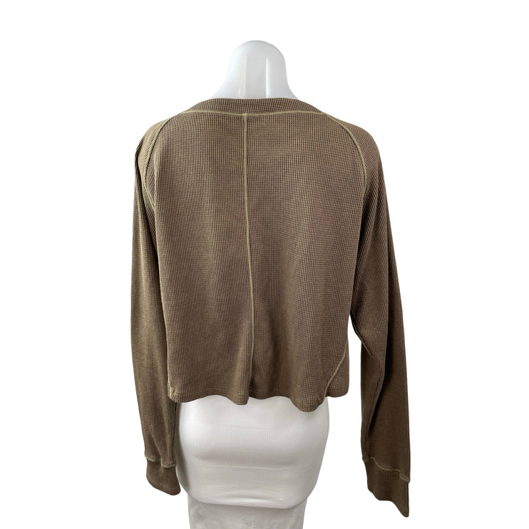 Free People Early Night Contrast Stitch Cropped Henley Waffle Knit Thermal Top L