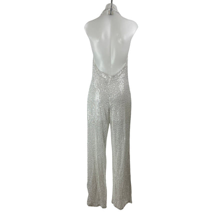 Trendy & Unique Silver Sleeveless Sequin Halter Cowl Neck Romper Jumpsuits Sz M