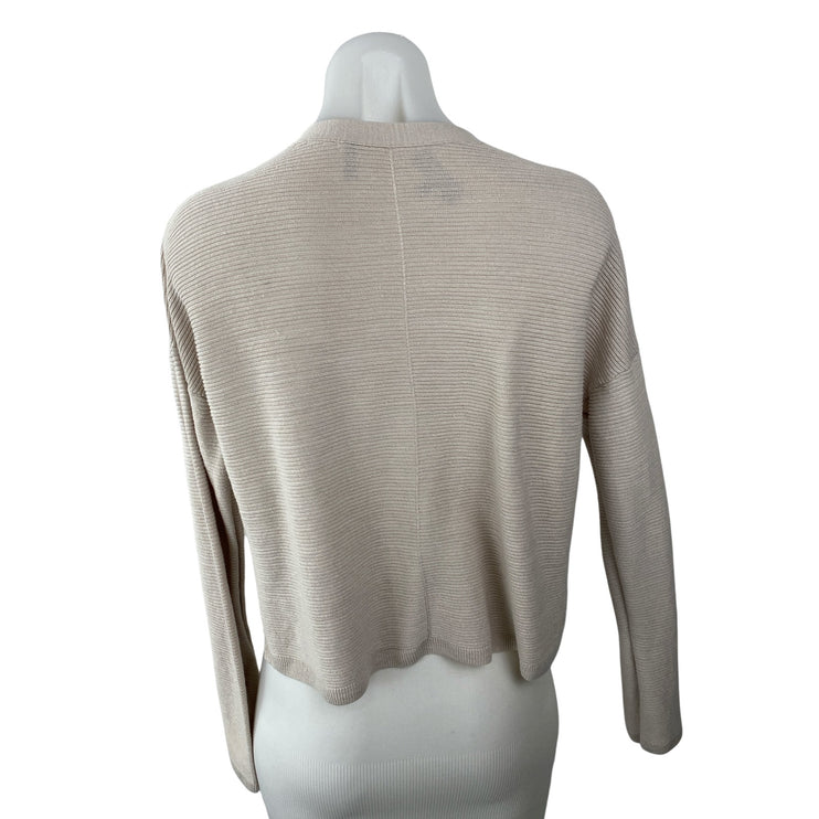 Theory Women's Beige Linen Knit Long Sleeve V Neck Button Up Cardigan Sweater M