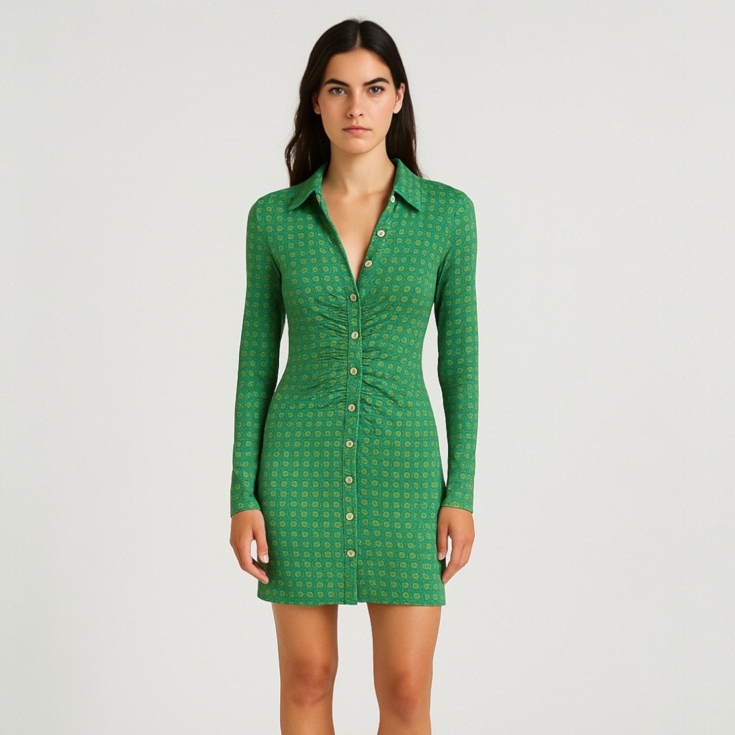 Free People Shayla Green Long Sleeve Printed Button Down Ruched Mini D Brie Free People Shayla Green Long Sleeve Printed Button Down Ruched Mini D Brie