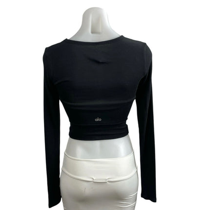 Alo Women's Black Crew Neck Long Sleeve Yoga Athletic Activewear Wrap Crop Top S