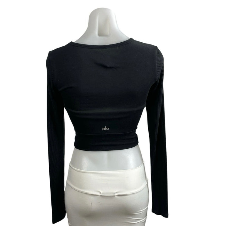 Alo Women's Black Crew Neck Long Sleeve Yoga Athletic Activewear Wrap Crop Top S
