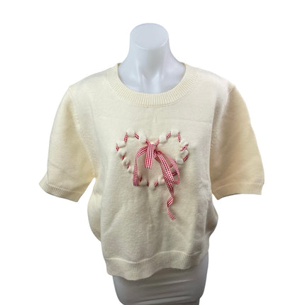 Cider Cream Gingham Check Heart Bow Tie Short Sleeve Knit Sweater Top Size 4XL