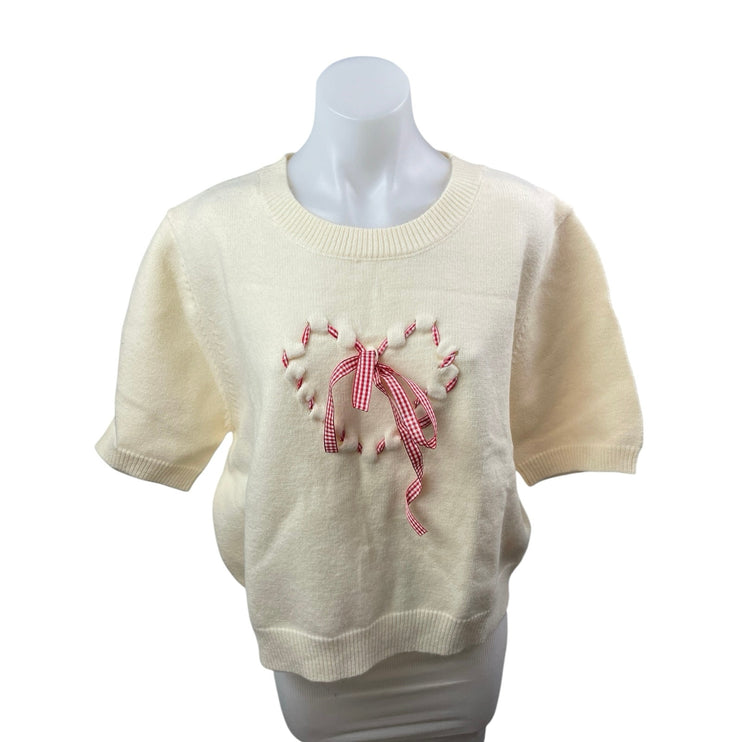 Cider Cream Gingham Check Heart Bow Tie Short Sleeve Knit Sweater Top Size 4XL
