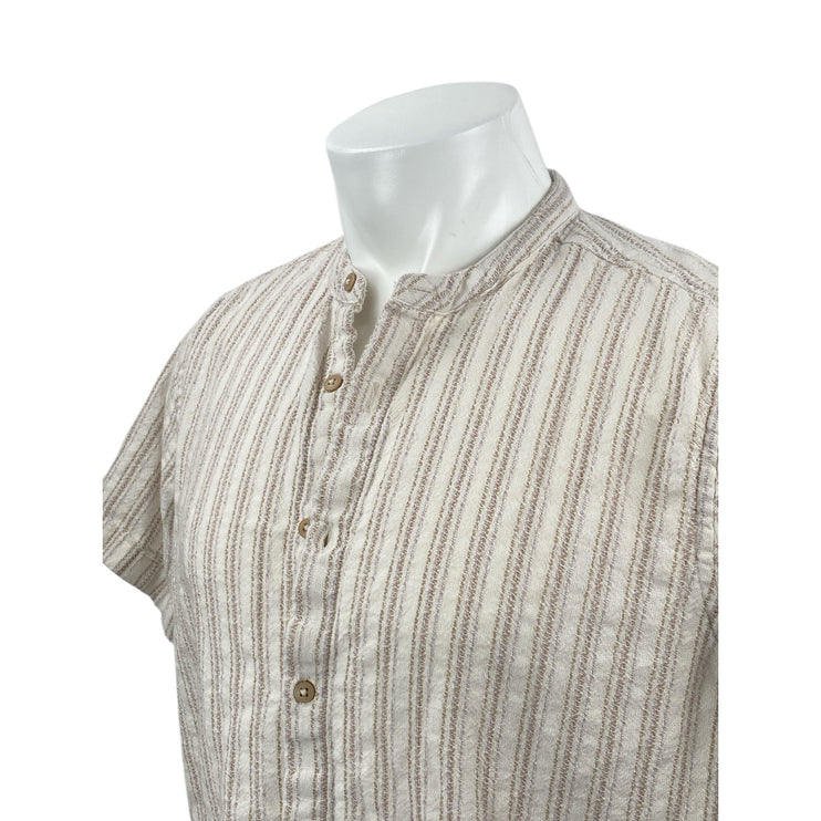 E.T.A Men's Beige Striped Relaxed Fit Short Sleeve Button Down Shirt Top Size M