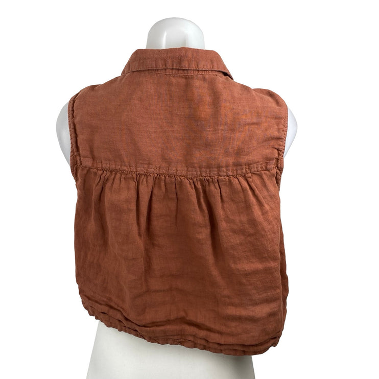 Rachel Zoe Brown 100% Linen Sleeveless V Neck Button Down Crop Shirt Top Size M