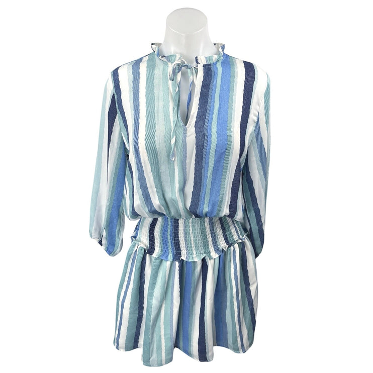 Pinch Blue Striped Long Sleeve Ruffle Tie Neck Smocked Blouson Mini Dress Size S