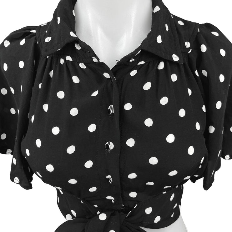 Anthropologie Black Polka Dots Button Collar Tie Waist Crop Top Blouse Size 0