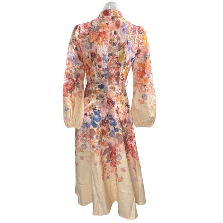 Commense Women's Multicolor Collared Balloon Sleeve Midi Flare A-Line Dress XS