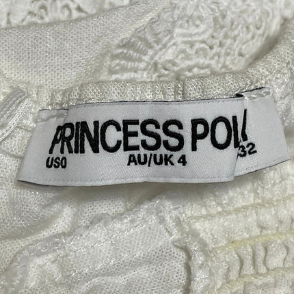 Princess Polly White Lace Halter V Neck Ruffle Smocked Open Back Blouse Top Sz 0