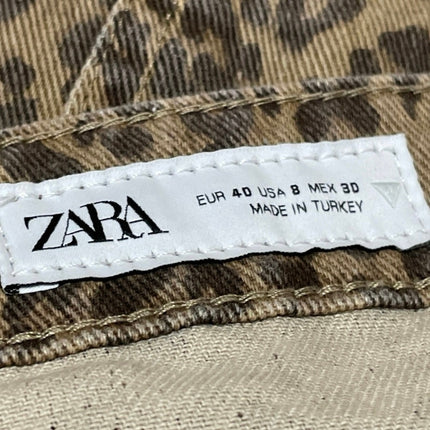 Zara TRF Women's Brown High Rise Animal Print Barrel Tapered Denim Jeans Pants 8