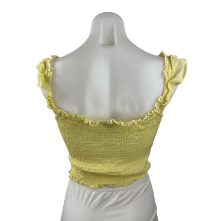 Princess Polly Yellow Embroidered Eyelet Ruffle Tie Smocked Tank Crop Top Sz 4