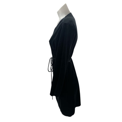 Zara Woman Black Velvet Velour Long Sleeve Tie Belt V-neck Mini Wrap Dress Sz L