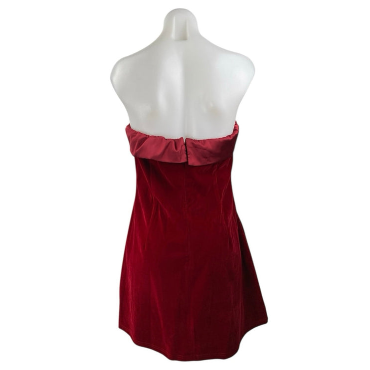 NEW Commense Red Velvet Velour Bandeau Strapless Sleeveless A Line Mini Dress L