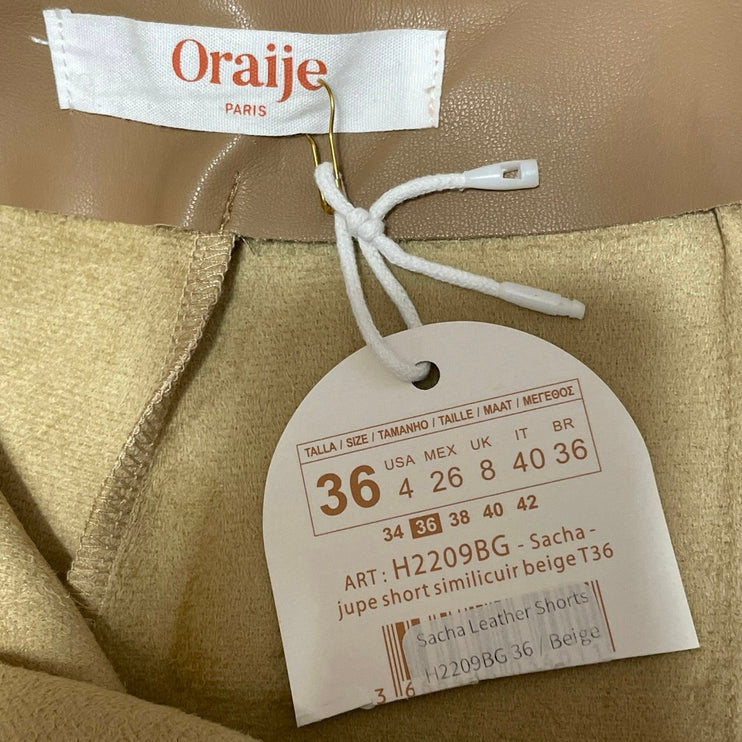 NEW Oraije Tan High Waisted Slit Faux Leather Vegan Mini Skirt Skort Shorts 4